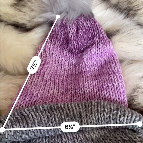 Variegated Pink, Purple, and Grey Beanie w/ Grey Pom Pom - Hand Knit By Douglas - Picture 4 of 4